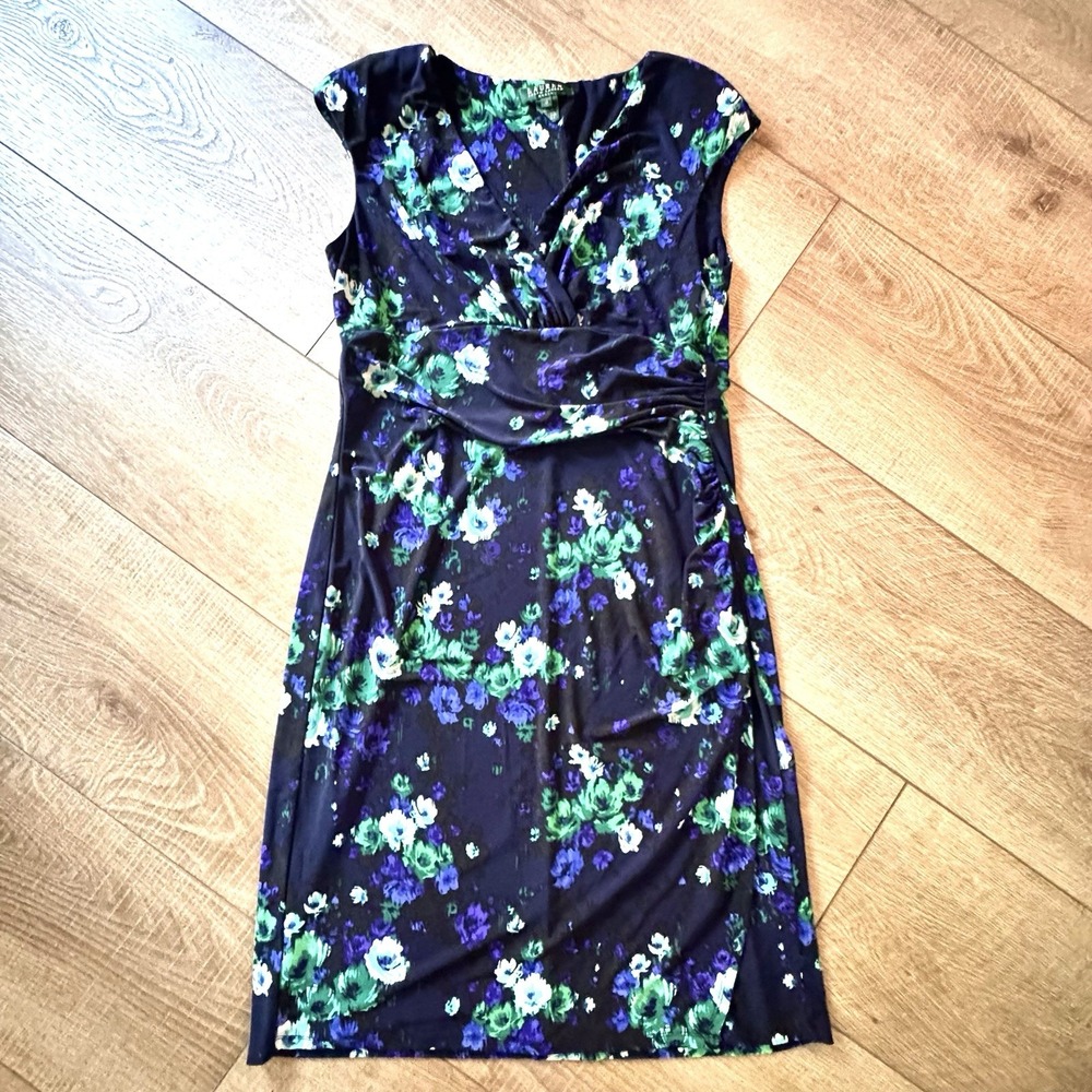 Lauren Ralph Lauren 12 Dark Floral Faux Wrap Dress Whimsigoth Grunge Retro Comfy